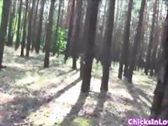 Lesbian babes pussylicking in the forest 